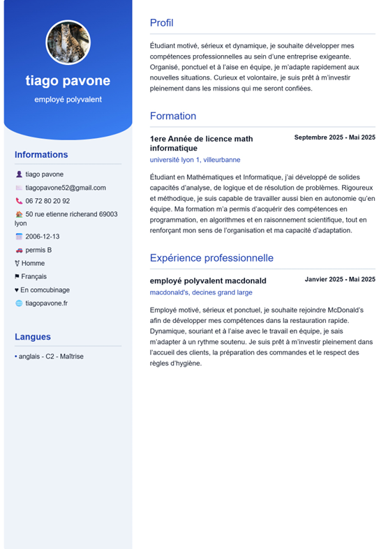 Modèle de CV moderne bleu